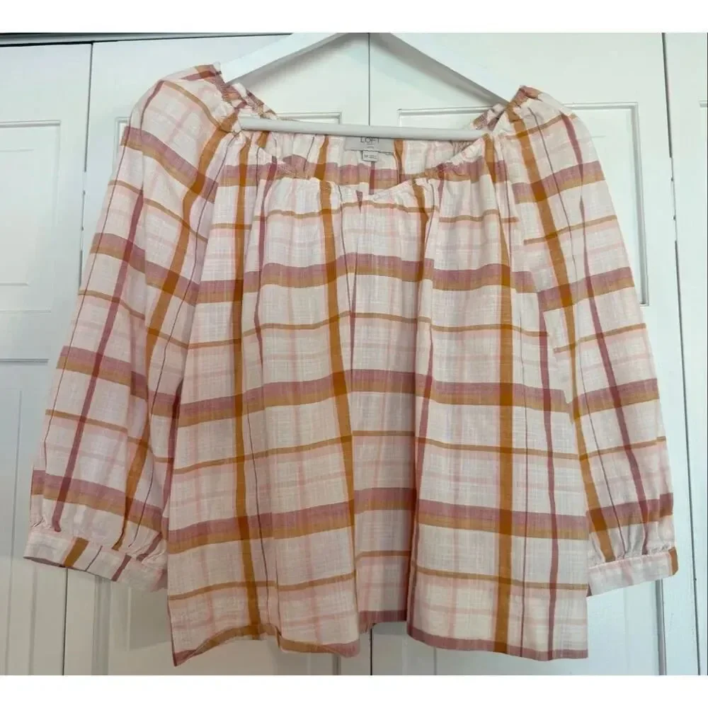 Loft puff sleeve gingham orange blouse M petite